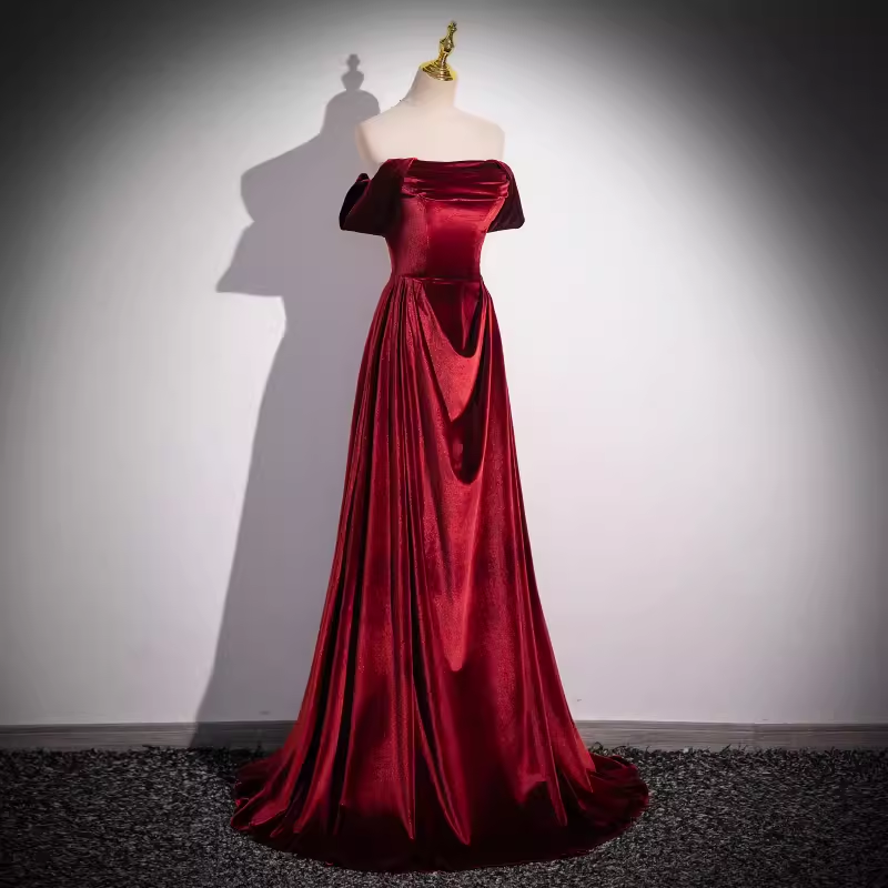 Simple A line Strapless Velvet Burgundy Long Prom Dress