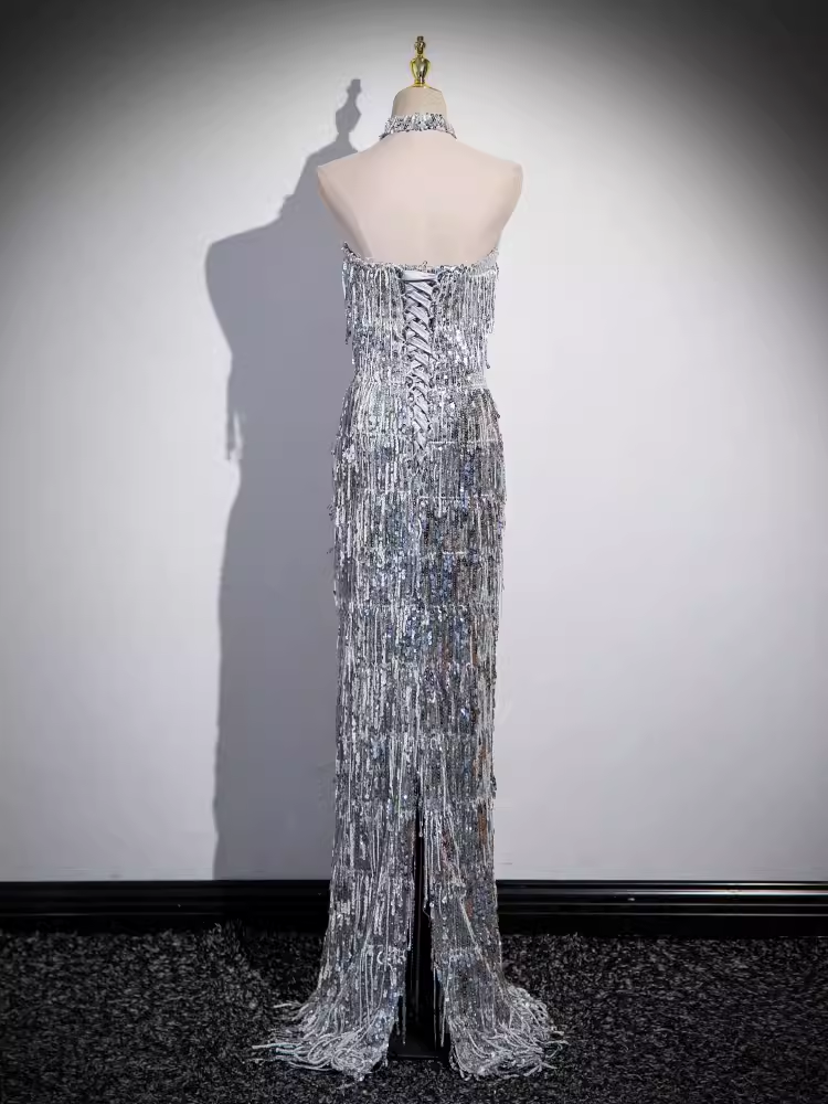 Sexy Sheath Strapless Sequin Silver Long Prom Dress