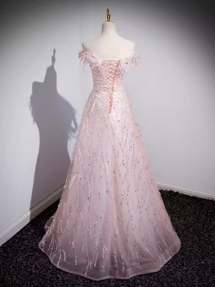 Sparkly A Line Off The Shoulder Pink Long Prom Dress