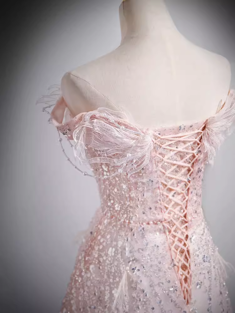 Sparkly A Line Off The Shoulder Pink Long Prom Dress