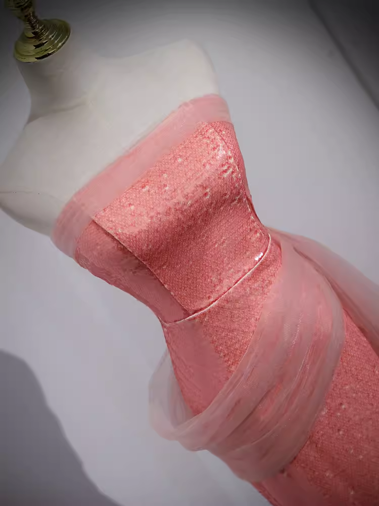 Sparkly Mermaid Strapless Pink Long Prom Dress