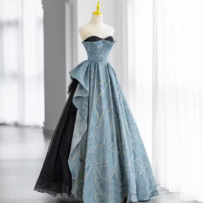 Ball Gown Strapless Blue Long Prom Dress