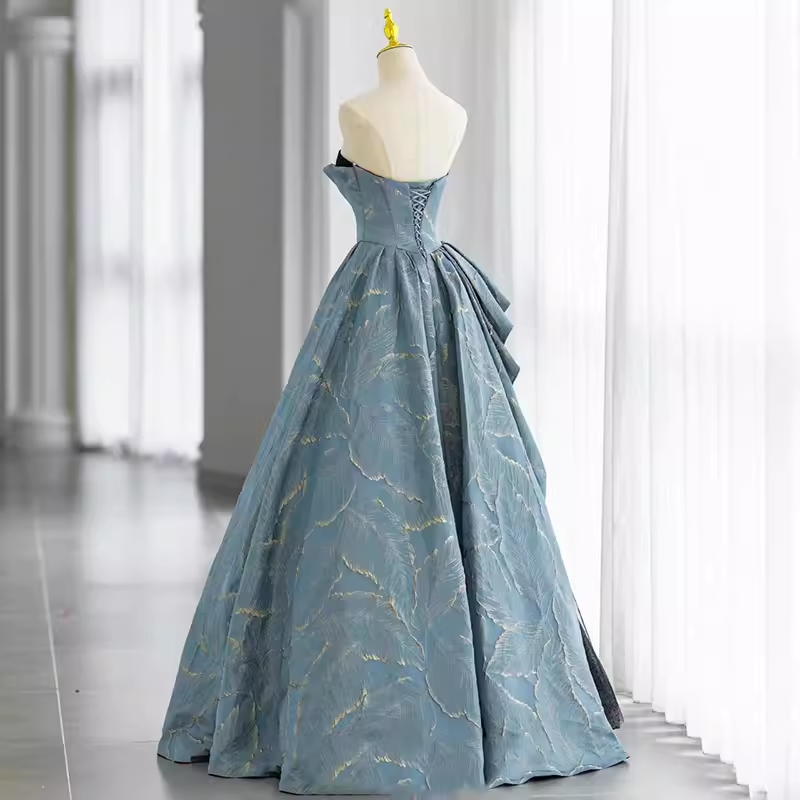 Ball Gown Strapless Blue Long Prom Dress