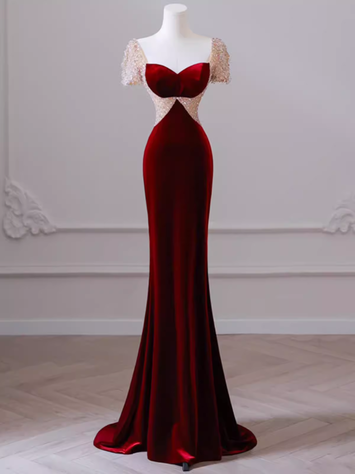 Mermaid Short Sleeves Burgundy Long Prom Dress