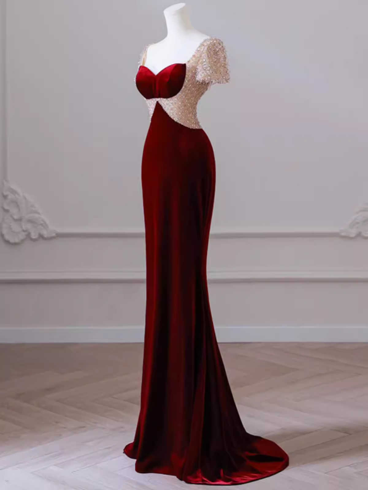 Mermaid Short Sleeves Burgundy Long Prom Dress