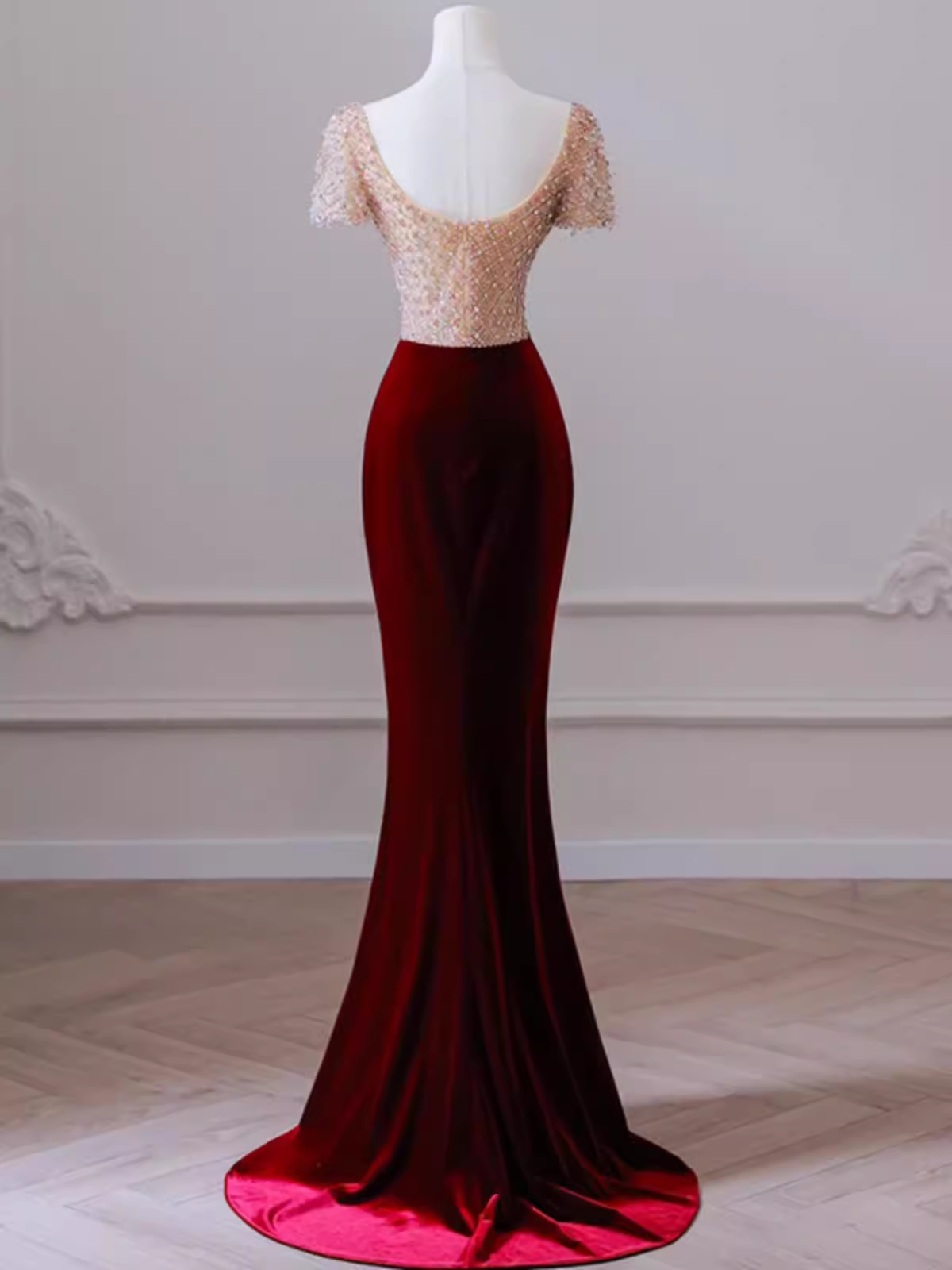 Mermaid Short Sleeves Burgundy Long Prom Dress