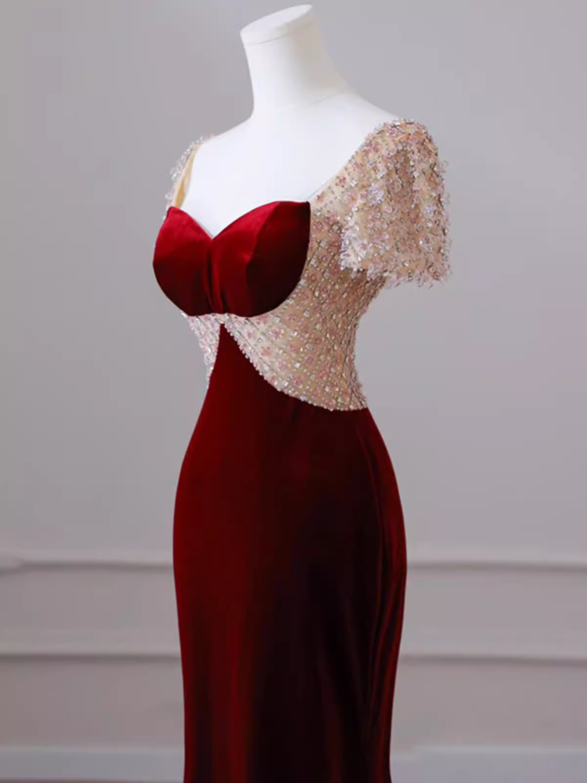 Mermaid Short Sleeves Burgundy Long Prom Dress