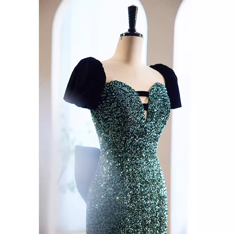 Mermaid Short Sleeves Green Sequin Long Prom Dress