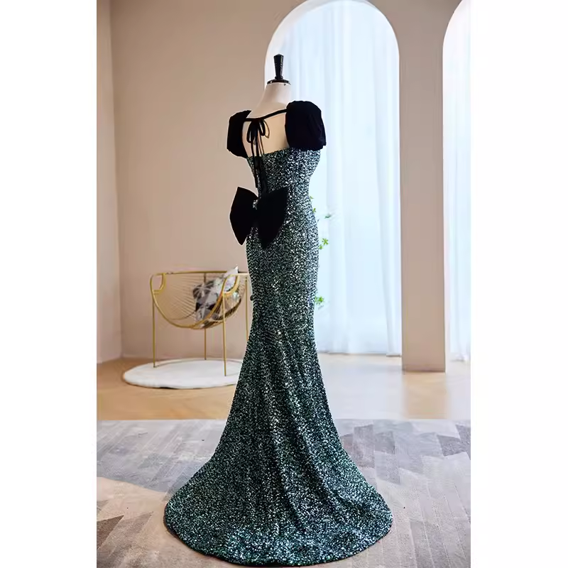 Mermaid Short Sleeves Green Sequin Long Prom Dress