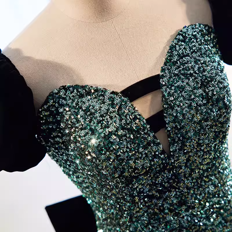 Mermaid Short Sleeves Green Sequin Long Prom Dress
