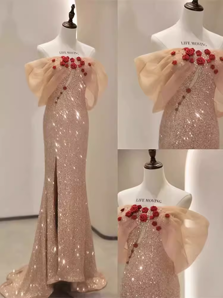 Mermaid Off The Shoulder Short Sleeves Sequin Long Prom Dress