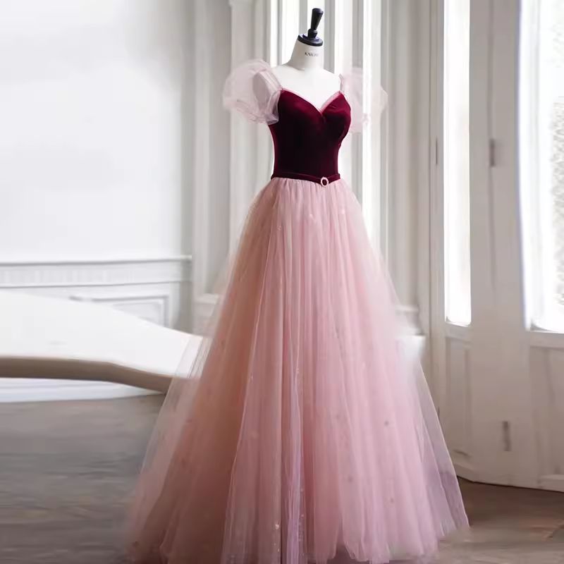 Simple A line Short Sleeves Tulle Long Prom Dress