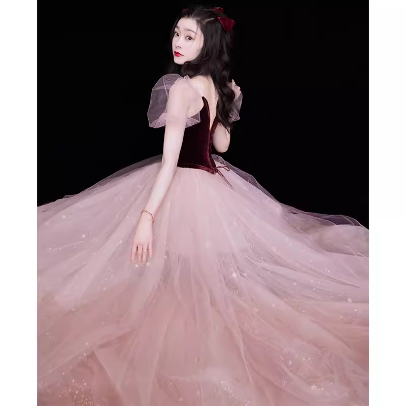 Simple A line Short Sleeves Tulle Long Prom Dress