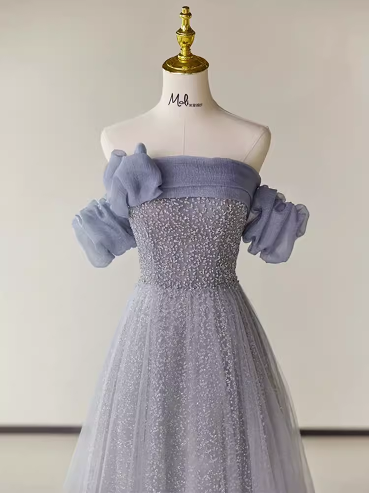 Simple A line Strapless Short Sleeves Tulle Long Prom Dress