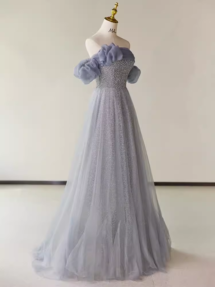 Simple A line Strapless Short Sleeves Tulle Long Prom Dress