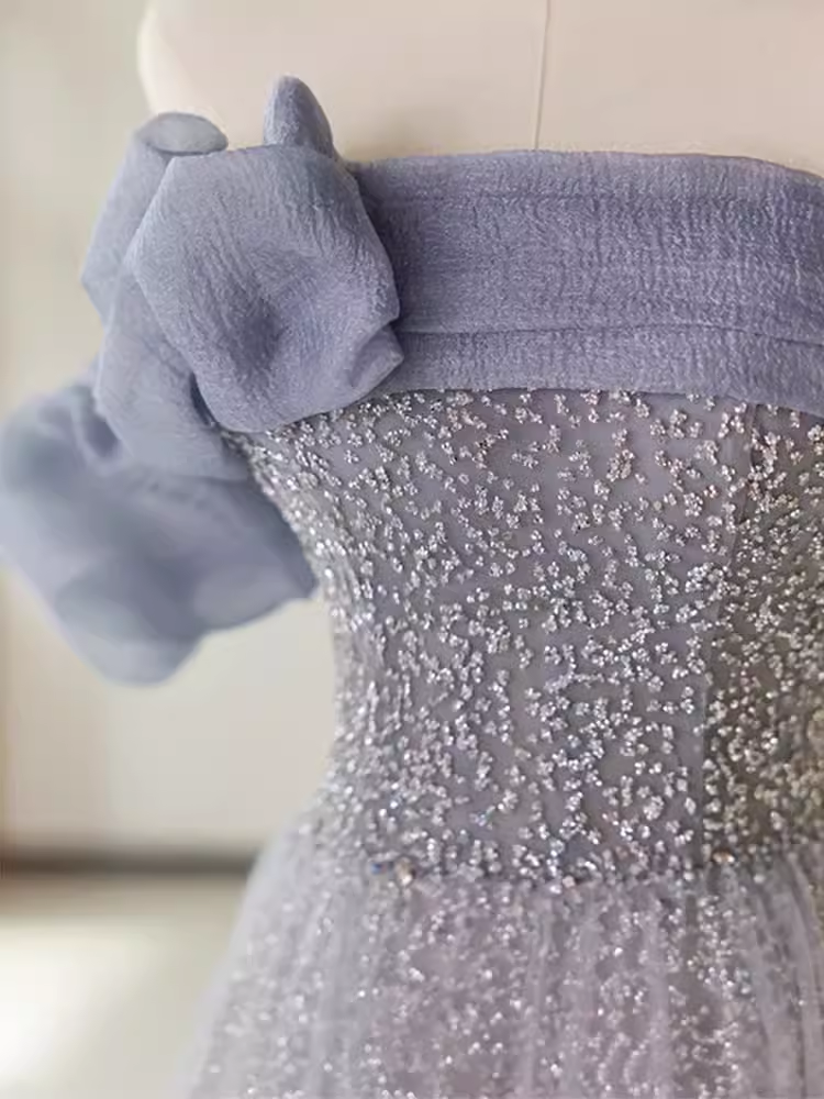 Simple A line Strapless Short Sleeves Tulle Long Prom Dress
