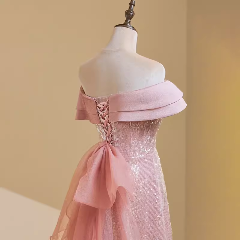 Simple A line Off The Shoulder Short Sleeves Pink Long Prom Dress