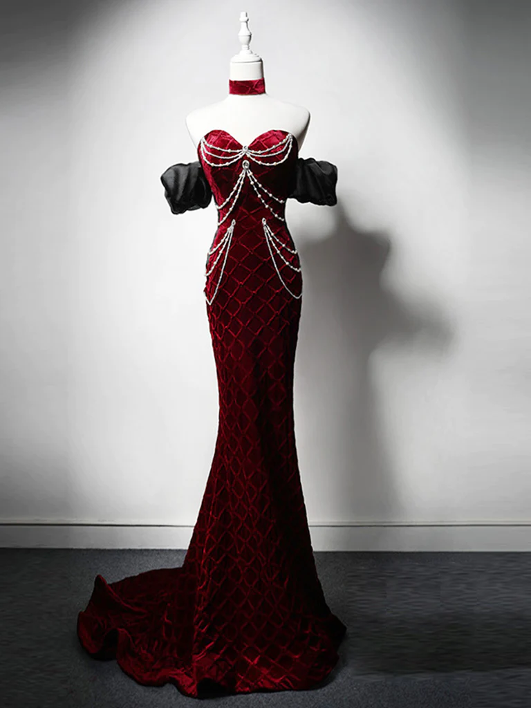 Unique Mermaid Velvet Burgundy Long Prom Dress