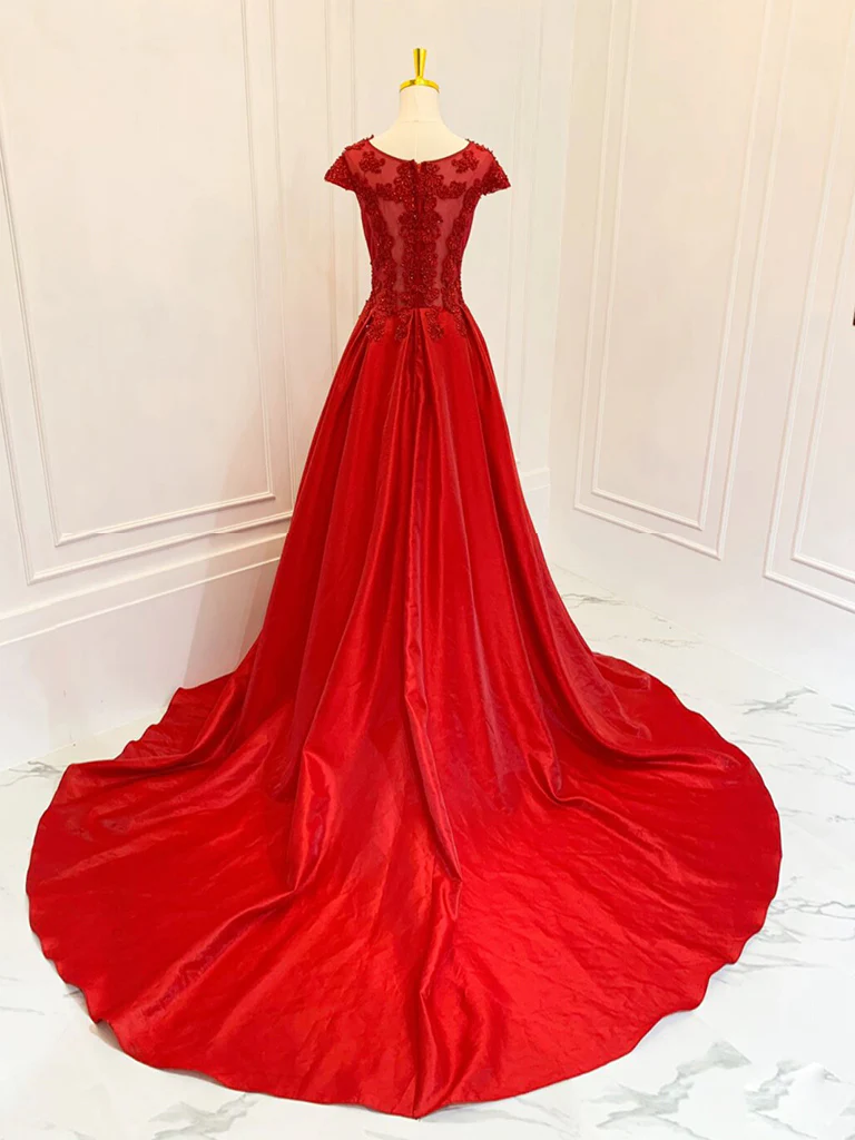 A-Line Scoop Neckline Satin Lace Burgundy Long Prom Dress