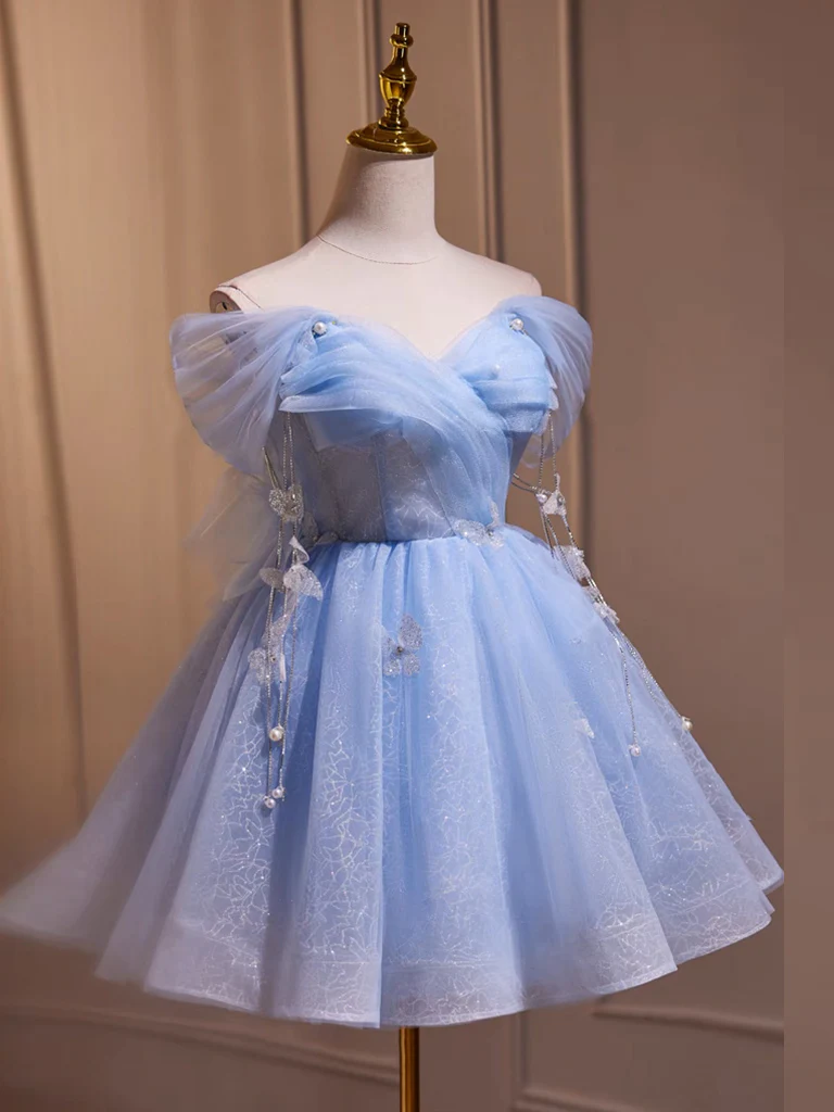 A-Line Off Shoulder Tulle Short Homecoming Dresses