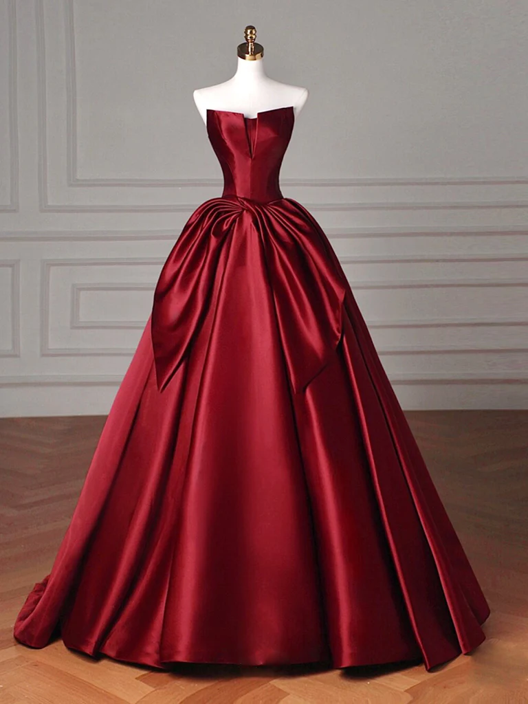 Simple A line Satin Burgundy Long Prom Dress