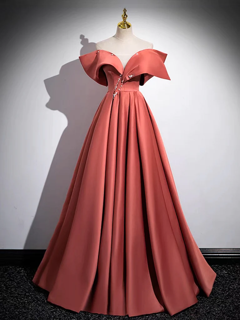 A-Line Off Shoulder Off Shoulder Satin Long Prom Dress