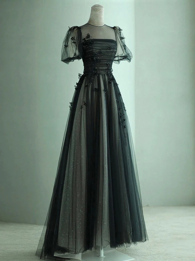 A-Line Tulle Butterfly Long Black Prom Dress