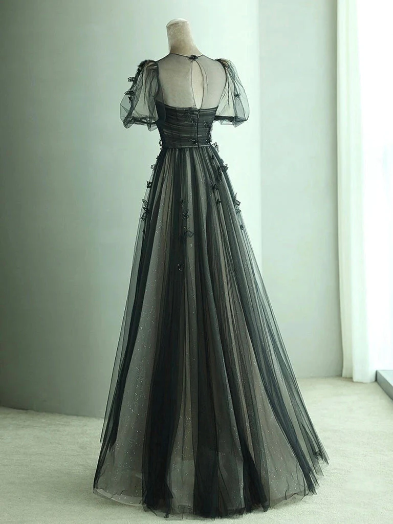 A-Line Tulle Butterfly Long Black Prom Dress