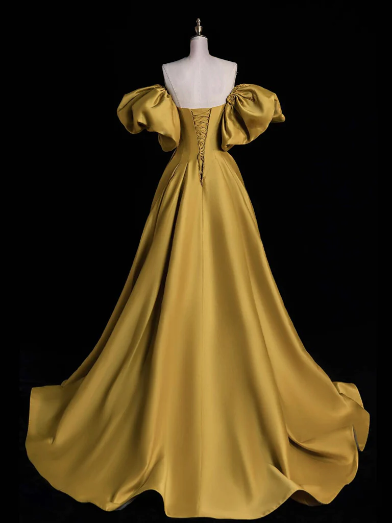 Simple Yellow A-line Satin Long Prom Dress