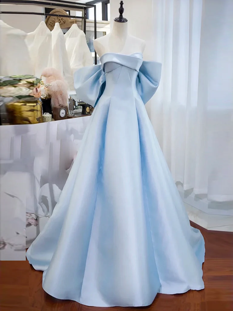Simple Satin Light Sky Blue Long Prom Dress