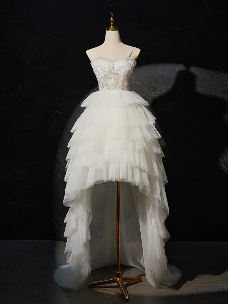 White Sweetheart Neck High Low White Prom Dress