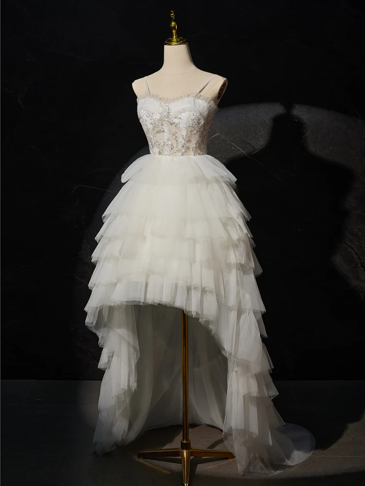 White Sweetheart Neck High Low White Prom Dress