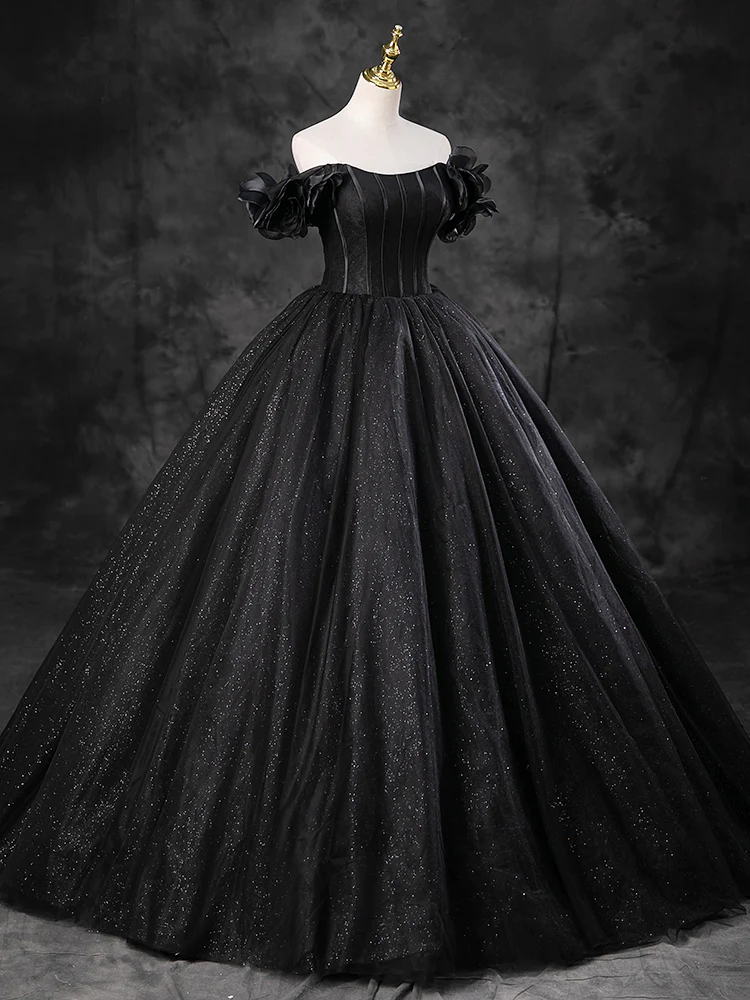 Ball Gown Off Shoulder Tulle Black Long Sweet 16 Dress