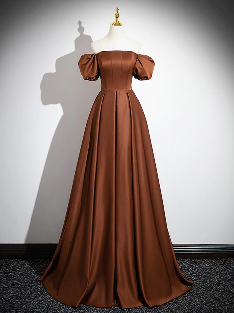 Simple A line Satin Brown Long Prom Dress
