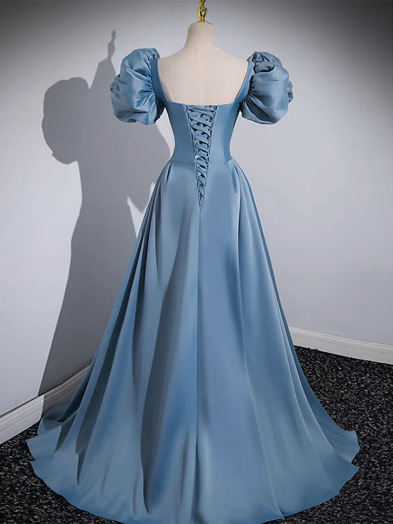 Simple A-Line Satin Blue Long Prom Dress