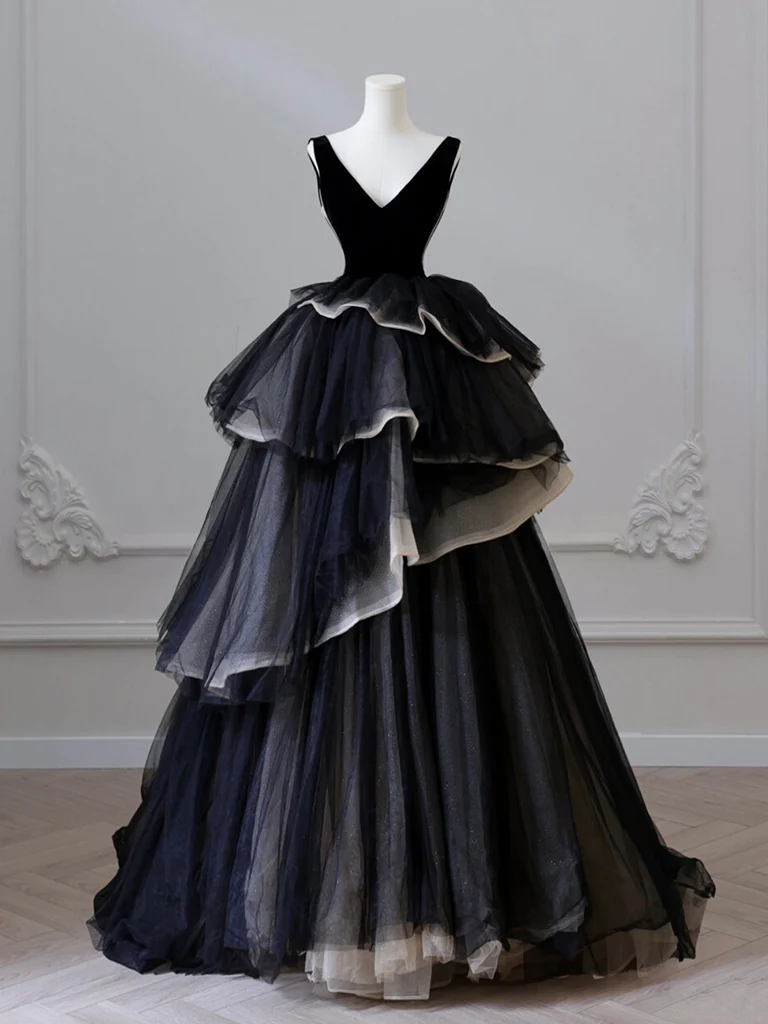 Ball Gown Black V Neck Tulle Velvet Sweet 16 Dress
