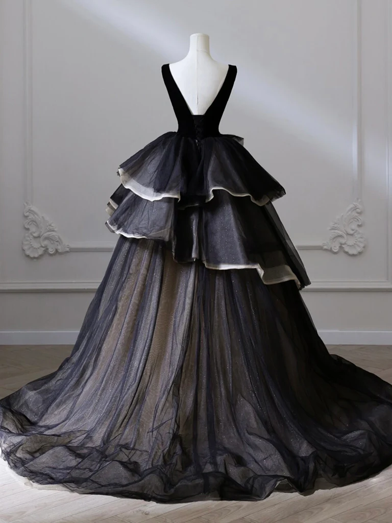 Ball Gown Black V Neck Tulle Velvet Sweet 16 Dress