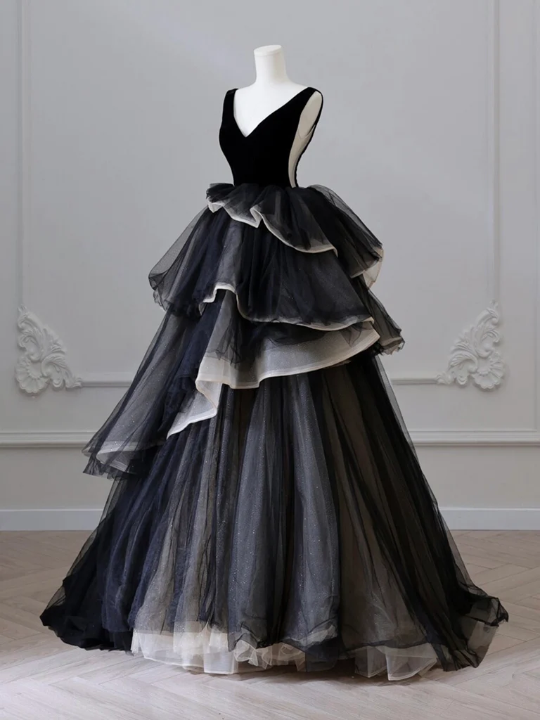 Ball Gown Black V Neck Tulle Velvet Sweet 16 Dress