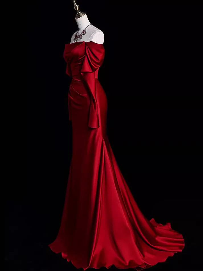 Burgundy Off The Shoulder Mermaid Long Satin Prom Dress Formal Party Evening Gown