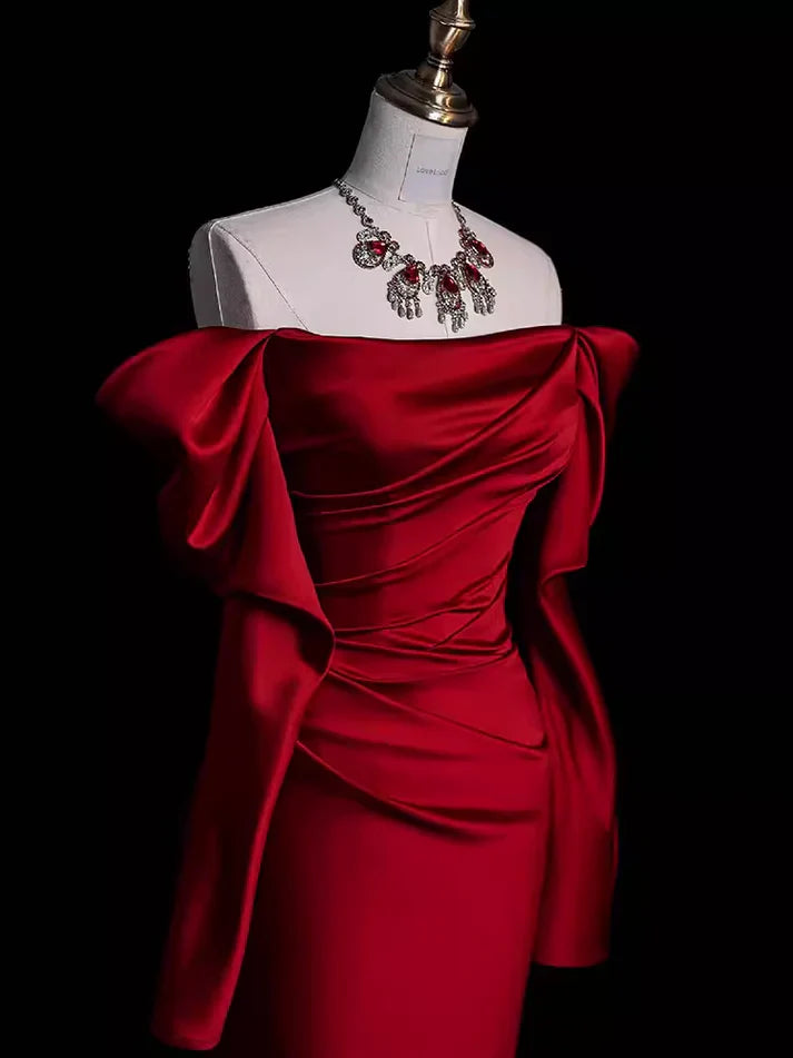 Burgundy Off The Shoulder Mermaid Long Satin Prom Dress Formal Party Evening Gown