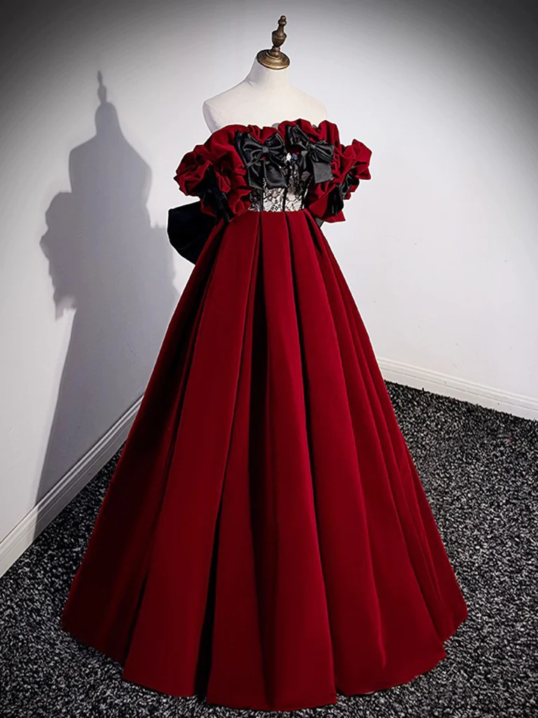 A-Line Off Shoulder Velvet Lace Burgundy Long Prom Dress