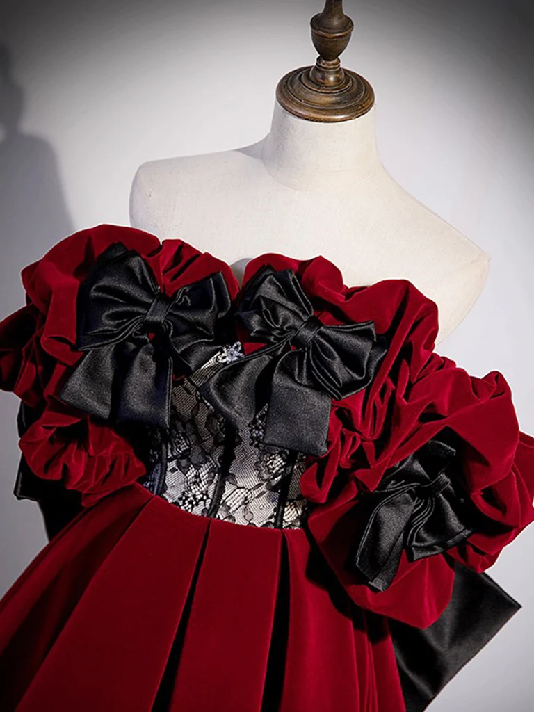 A-Line Off Shoulder Velvet Lace Burgundy Long Prom Dress