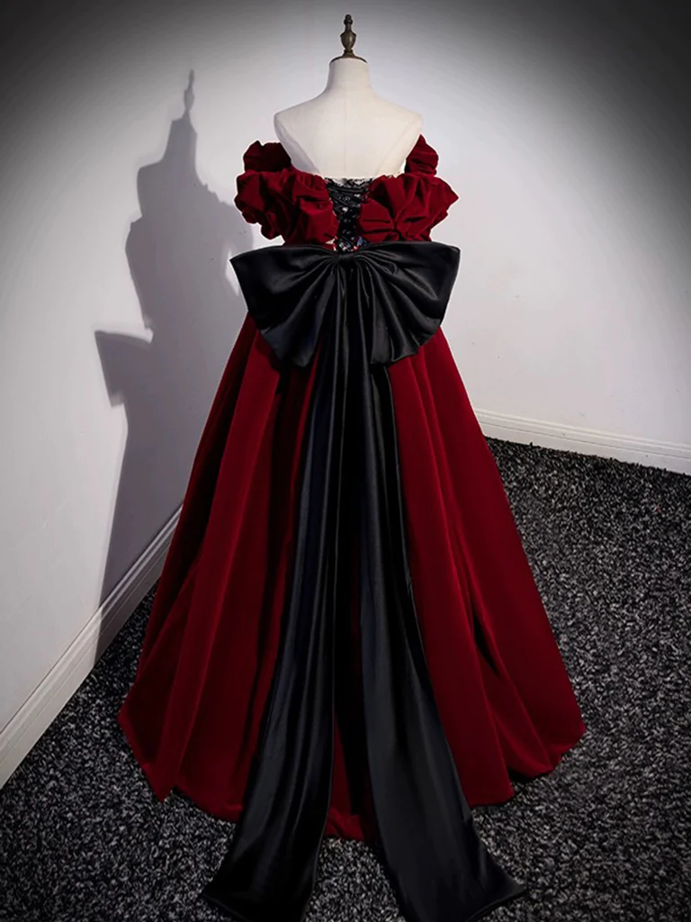 A-Line Off Shoulder Velvet Lace Burgundy Long Prom Dress