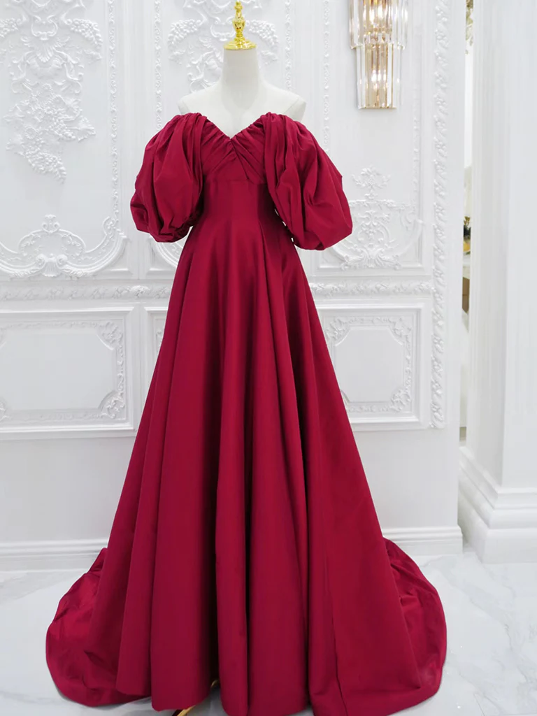 A-Line Puff Sleeves Satin Dark Red Long Prom Dress