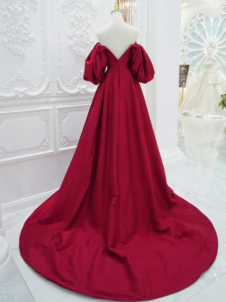 A-Line Puff Sleeves Satin Dark Red Long Prom Dress