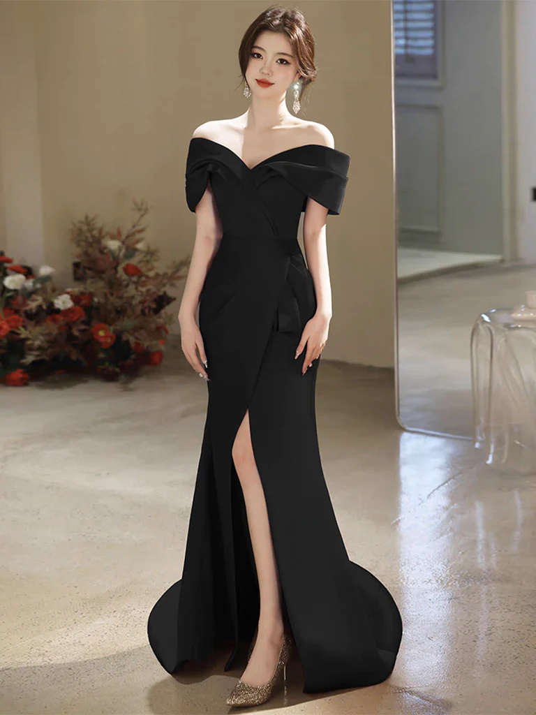 Simple Off Shoulder Satin Mermaid Black Long Prom Dress