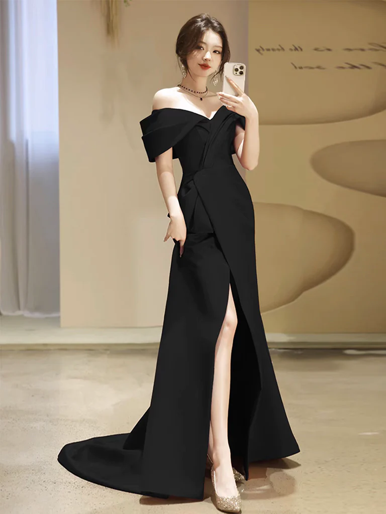 Simple Off Shoulder Satin Mermaid Black Long Prom Dress
