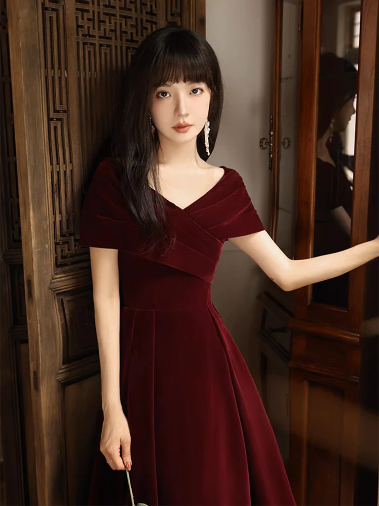Simple V Neck Velvet Burgundy Long Prom Dress
