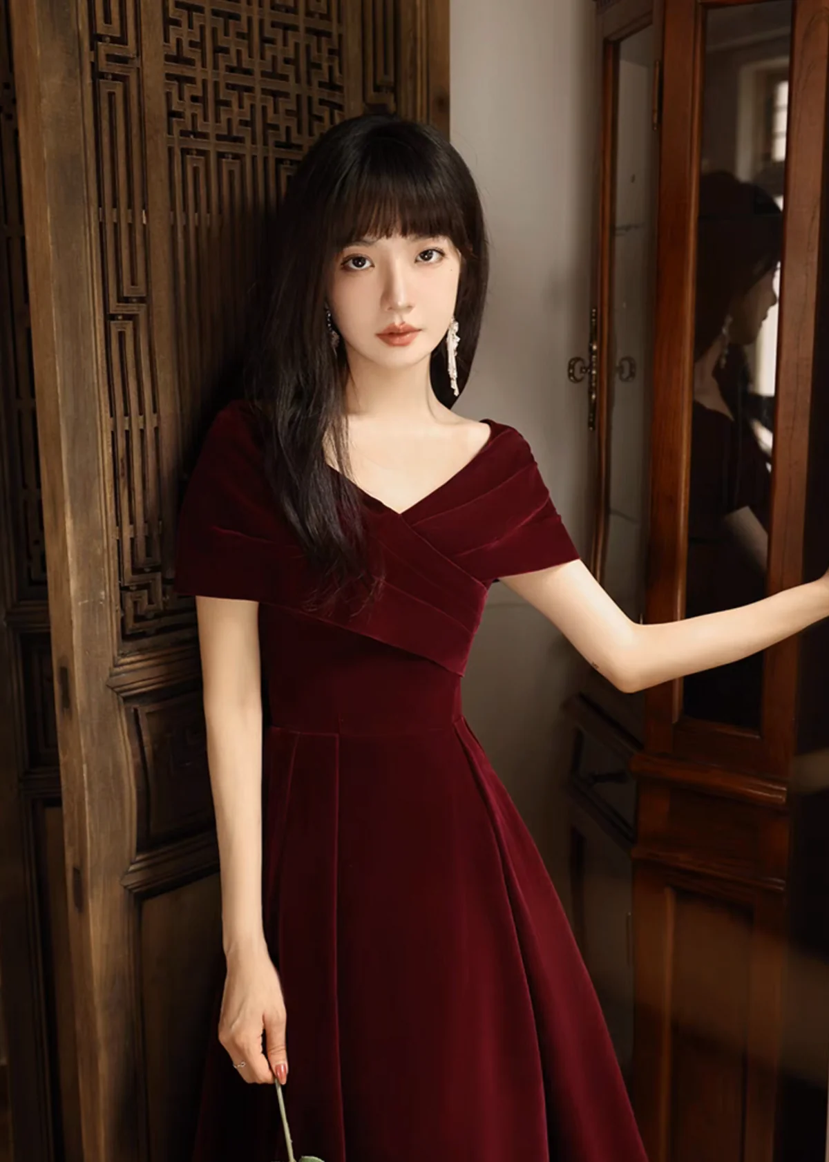 Simple V Neck Velvet Burgundy Long Prom Dress