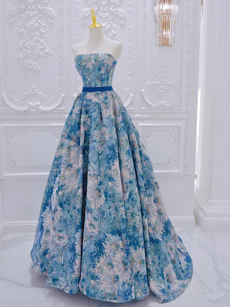 A-Line Flower Satin Blue Long Prom Dress
